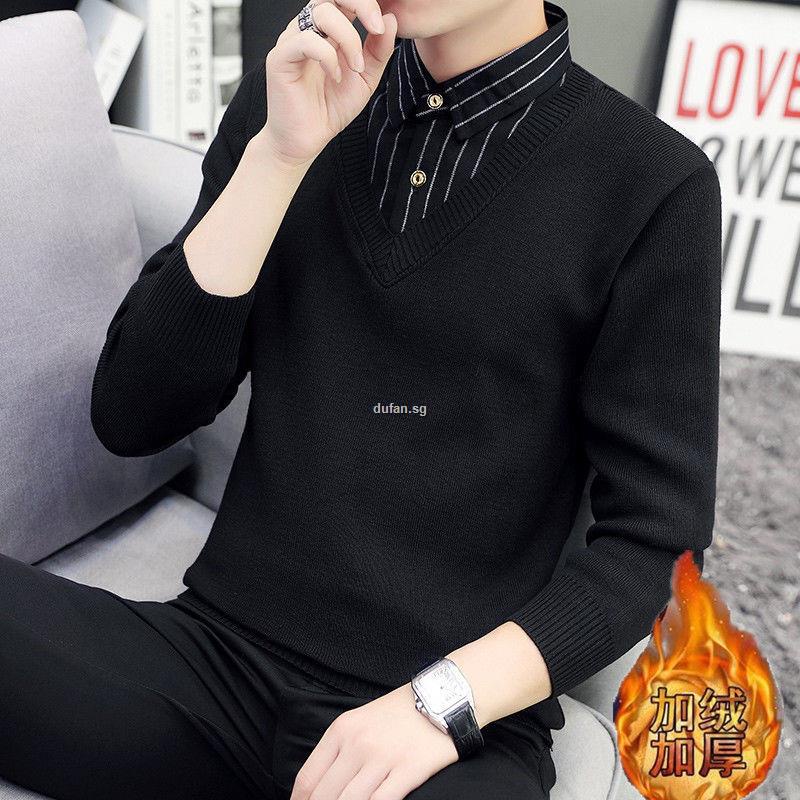 Áo Sweater Lông Cừu Giả Hai Lớp Cổ Áo Sơ Mi Phong Cách Hàn Quốc Thời Trang Mới Dành Cho Bạn Nam Năm 2021