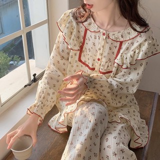 Set bộ mặc nhà hoa nhí vàng nhạt ren đỏ quảng châu