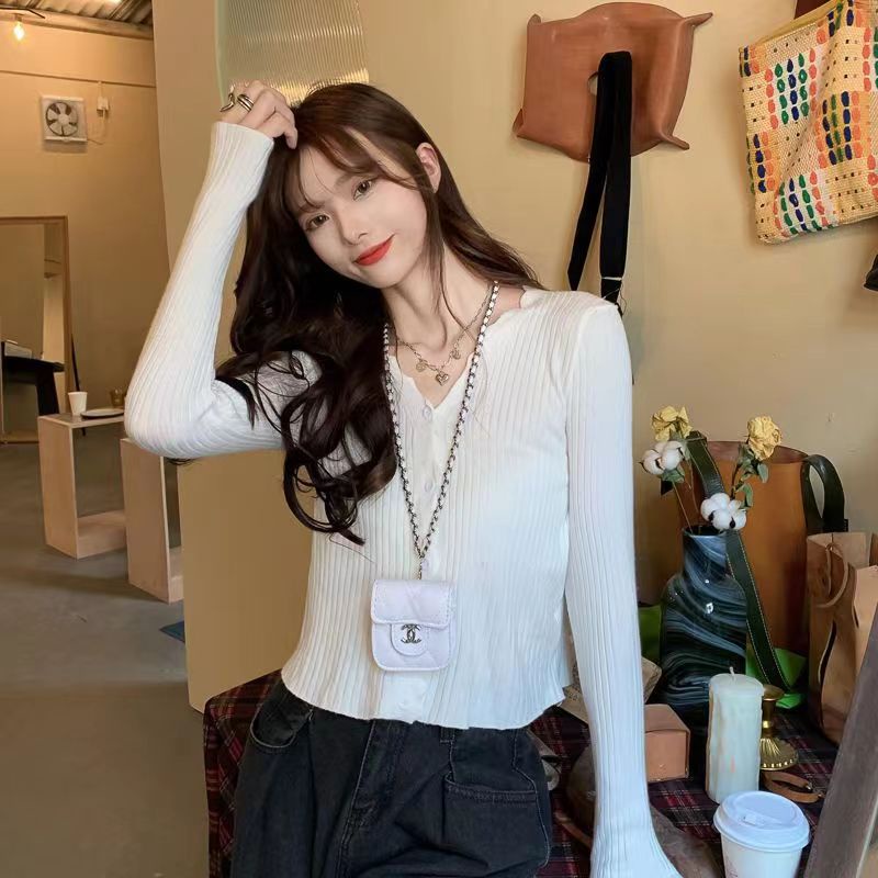 💓áo croptop tay dài Áo Cardigan Dệt Kim Tay Dài Cổ Chữ v Màu Hồng Kèm Quần Lưng Cao Thời Trang Dành Cho Nữ