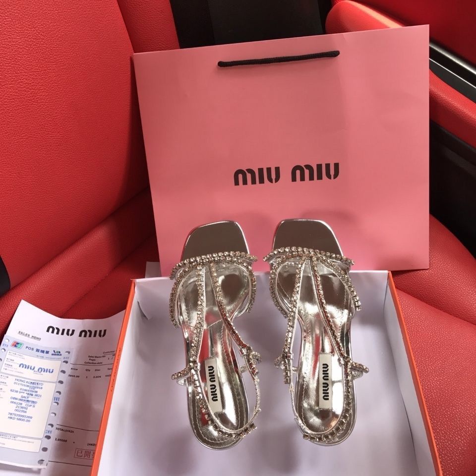 MIU MIU Giày Cao Gót Mũi Nhọn Đính Đá Thời Trang Mùa Hè Dành Cho Nữ
