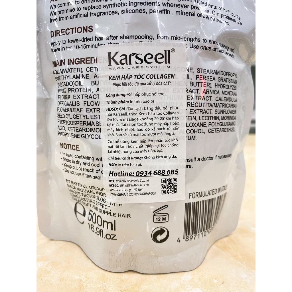 DẦU HẤP TÓC COLLAGEN KARSEELL MACA SIÊU MỀM MƯỢT TÓC 500ML CHÍNH HÃNG MẪU MỚI DATE 2025