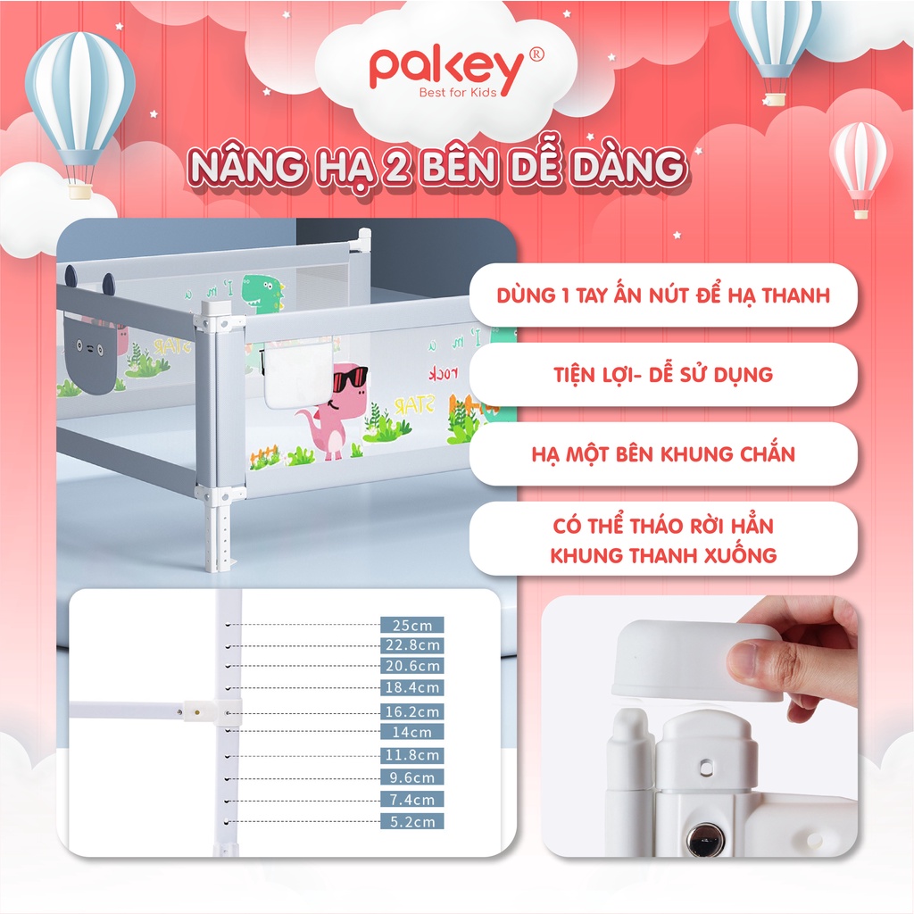 Thanh Chắn Giường Nhật Bản Pakey 2023 - Quây Giường Cao 96cm Nâng Hạ 2 Bên Tiện Lợi - Bảo Vệ Bé An Toàn