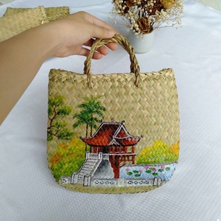 Giỏ đệm cỏ bàng mini vẽ tranh phong cảnh quê hương