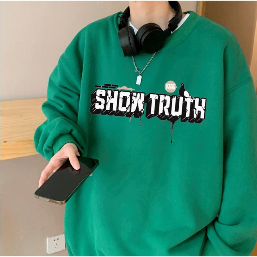 Áo Sweater Dáng Rộng Cổ Tròn Tay Dài In Chữ Màu Xanh Lá Thời Trang Mùa Thu Cho Học Sinh Nam Và Nữ