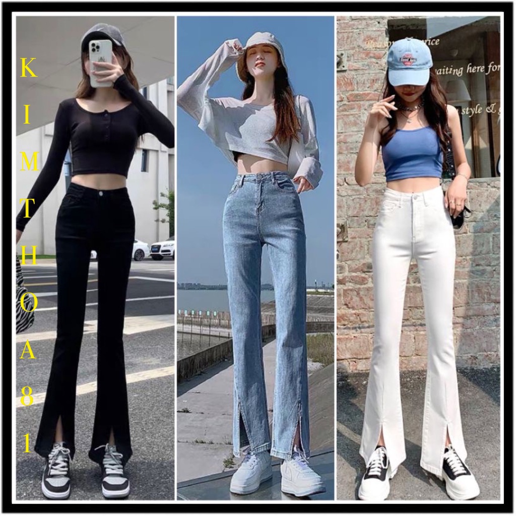 Quần jeans ống loe cạp cao, quần bò nữ ống đứng hack dáng chân siêu dài