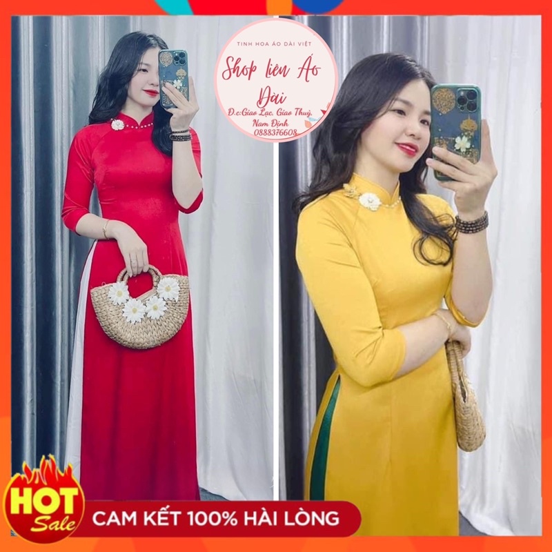 Áo dài cách tân nữ cổ truyền thống tay lỡ đính hoa nhẹ nhàng trên cổ áo, áo đính kết thiết kế đơn giản,áo dài may sẵn