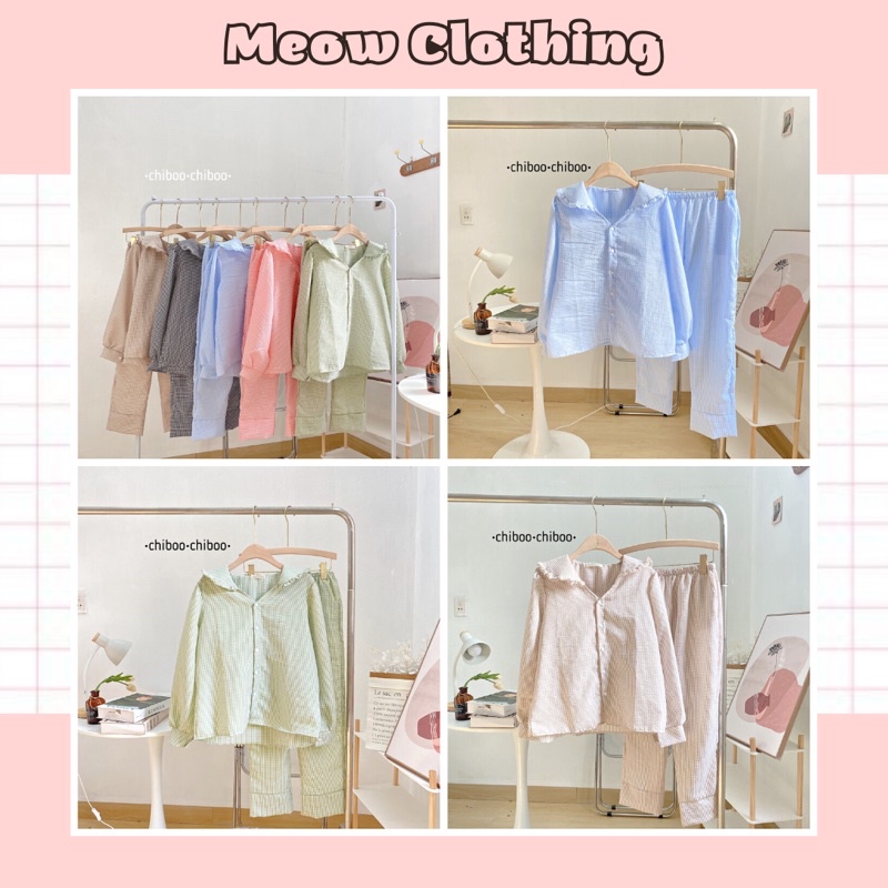 Đồ Bộ Mặc Nhà, Bộ Ngủ Nữ, Pijama Tay Dài Quần Dài Vải Xốp Kẻ Caro Freesize