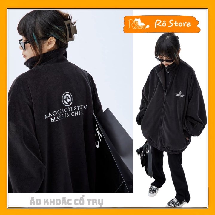 Áo khoác lông cổ trụ/ Áo bomber hoạ tiết thêu basic phong cách Ulzzang chất nỉ 2 da dày dặn Rô Store AK40