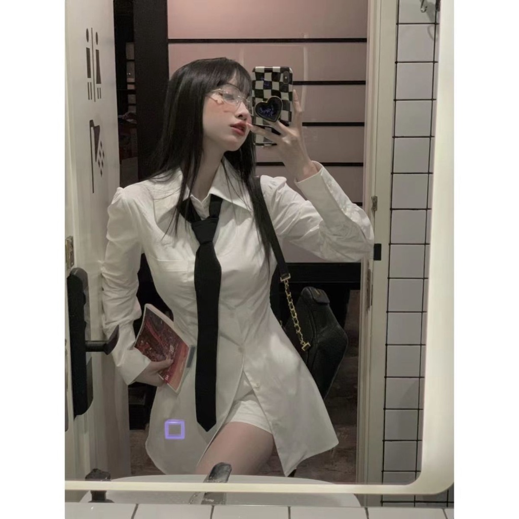 Bộ Áo Sơ Mi Dáng Ôm Phối Chân Váy Ngắn Lưng Cao Thời Trang Xuân Thu 2022 Cho Nữ