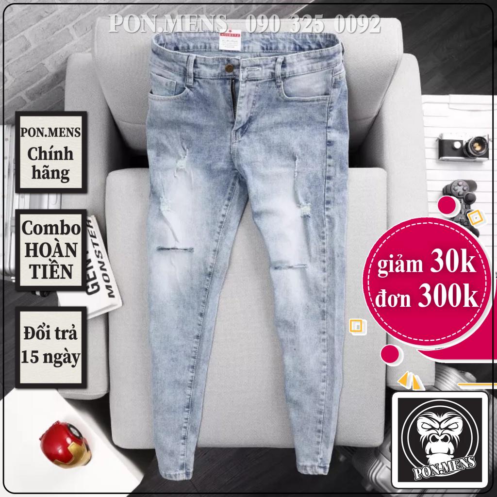 Quần jean rách gối nam co giãn tốt màu xanh ghi bạc xước mài Pon.mens hà nội hcm