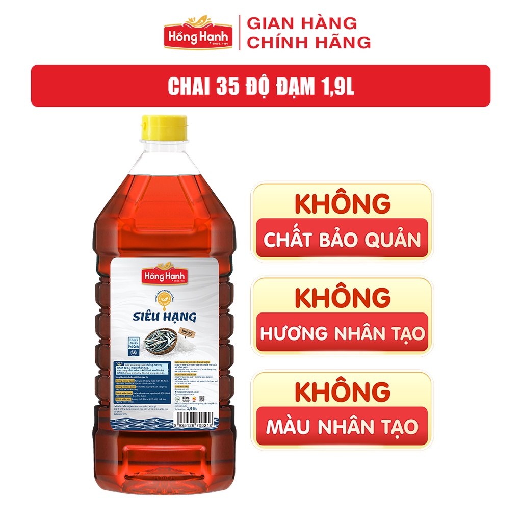 Nước mắm truyền thống Phú Quốc Hồng Hạnh Siêu Hạng 35 độ đạm dung tích 1,9 lít - Chấm, kho đúng điệu.