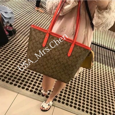 Túi tote dây kéo COACH, giấy mua hàng chính hãng F58292 girl shop bag mummy bag