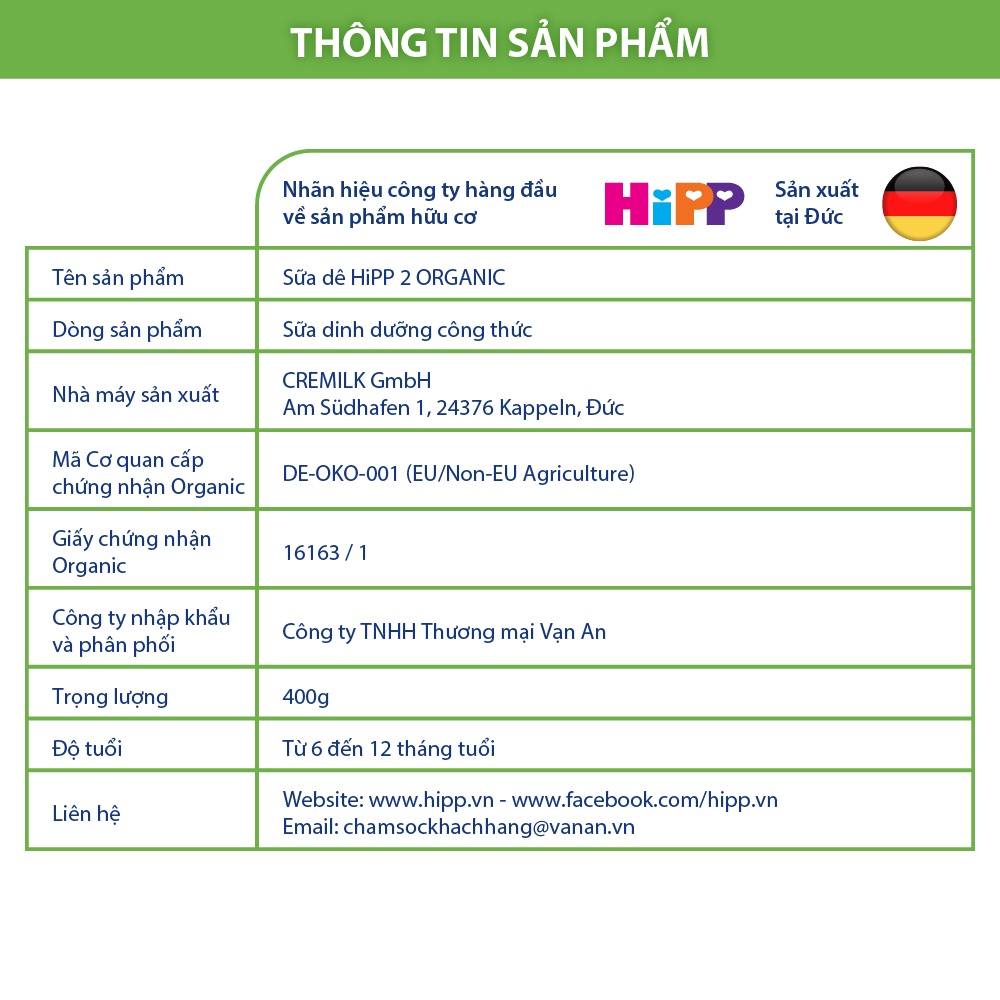 Thùng 6 lon sữa dê HiPP 2 Organic 400g - Giúp bé phát triển chiều cao, trí não, tăng cường hấp thu