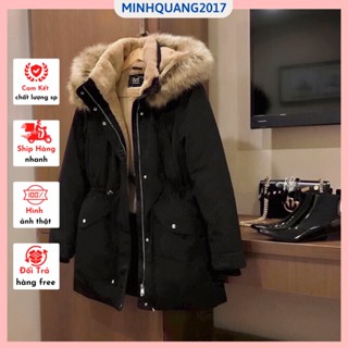Áo Khoác Parka Lót Lông Cừu Nữ Dây Rút eo Mũ hàn quốc mùa đông ấm áp