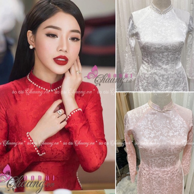 Áo Dài Cưới Cô Dâu Dự Tiệc Lễ Tết Đính Ngọ Vải Gấm Trắng Đỏ Hồng Vân Hoa Dệt Đẹp Cao Cấp