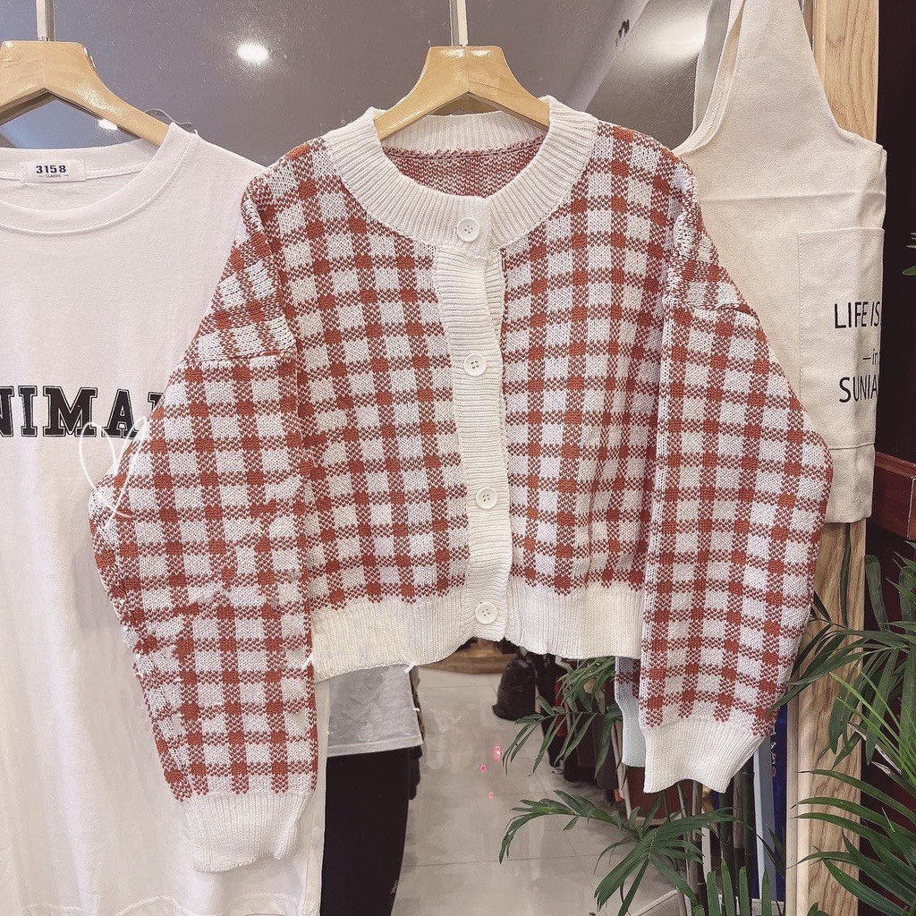 Áo cadigan croptop họa tiết kẻ caro chất len dày dặn hottrend Lady Xinh - A144