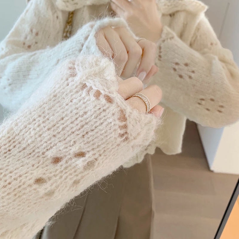 Áo Len Tay Dài Cổ Búp Bê Phong Cách Hàn Quốc Ngọt Ngào Cho Nữ