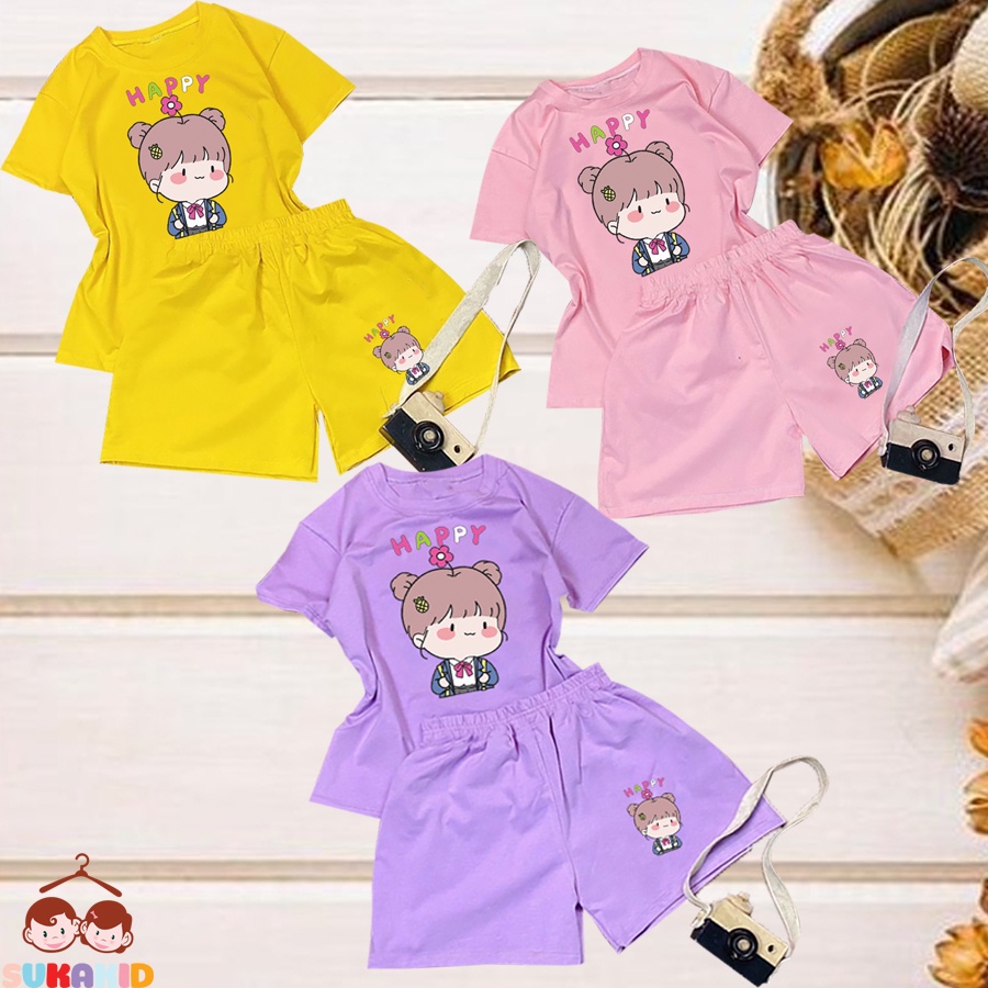 Đồ bộ ngắn tay bộ bé gái hinh bé gái happy cành hoa cho be từ 6kg-29kg.BDBG62.