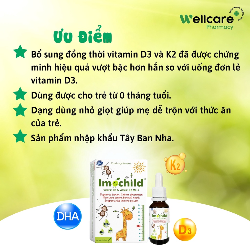 Imochild D3K2 [Chính hãng] – Chai 20ml bổ sung vitamin D3, K2 và DHA phát triển hệ xương răng, não bộ cho trẻ em