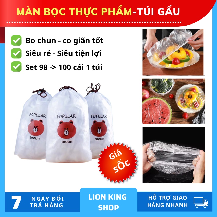 Màn bọc thực phẩm pe có chun,co giản tốt, tiện lợi,an toàn với thực phẩm,tái sử dụng.Túi gấu set 100 cái.Lion King