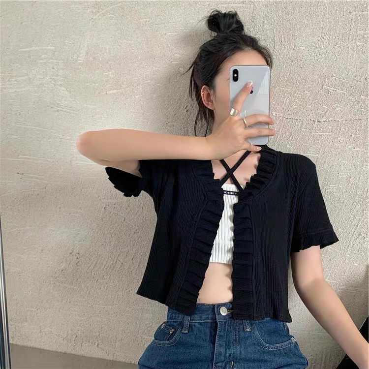 Set áo CROPTOP ngắn tay viền bèo - KÈM ÁO TRONG mã A01