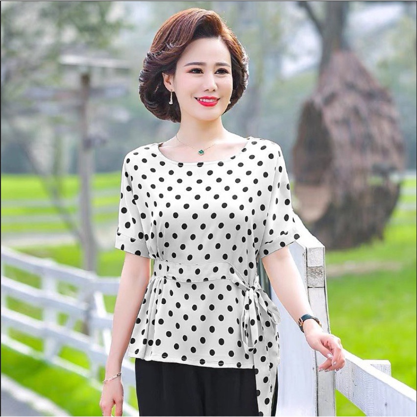 Áo kiểu nữ trung niên sang trọng Thiên Tú , họa tiết chấm bi nhỏ chất voan mát mẻ thanh lịch tinh tế