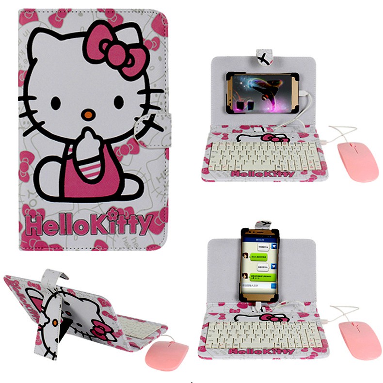 Bao da bàn phím + chuột cho điện thoại, máy tính bảng hình Hello Kitty phù hợp từ 4-7 inch