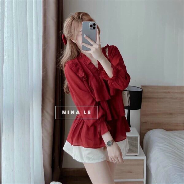 (Sale FreeShip) Sét bộ nữ from babydoll,bộ tiểu thư thiết kế tầng tay dài phồng dễ thương mix quần có túi,hàng chuẩn sho