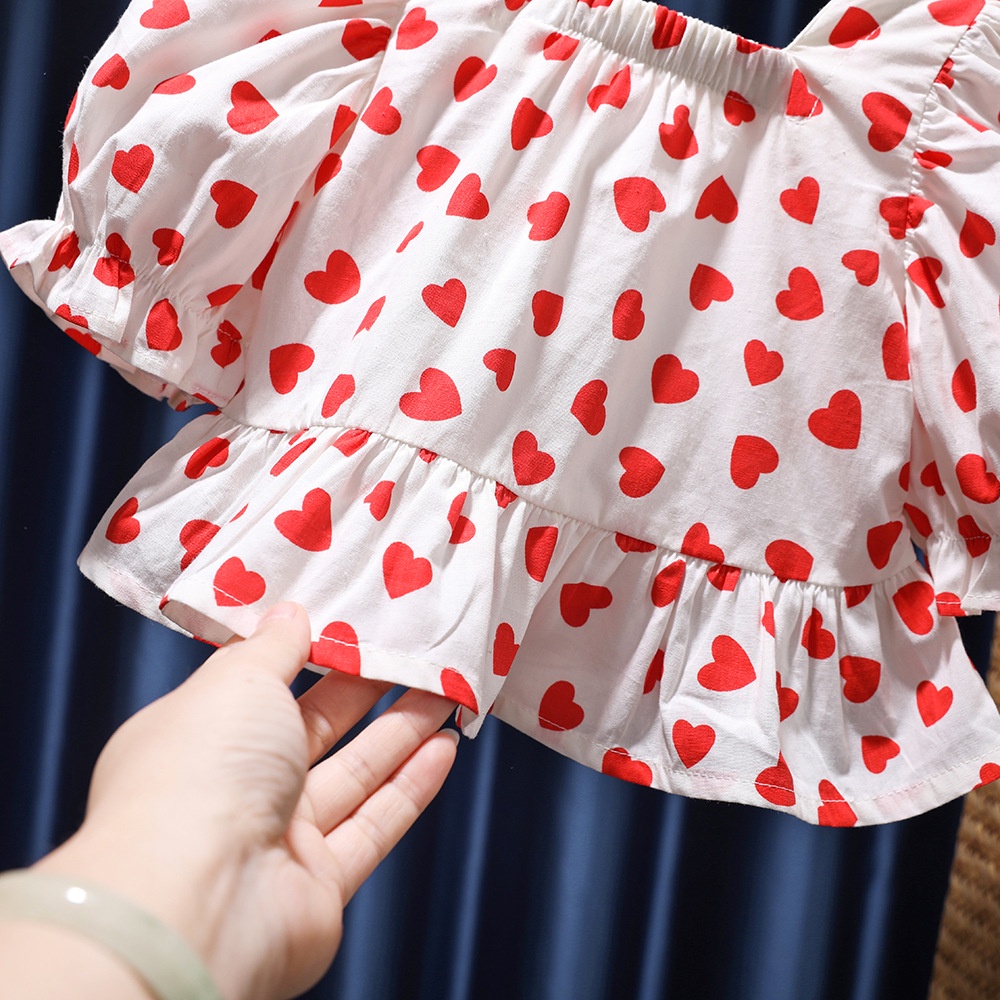 Áo Thun Cotton Tay Phồng In Họa Tiết Trái Tim Phong Cách Hàn Quốc Thời Trang Mùa Hè Cho Bé Gái