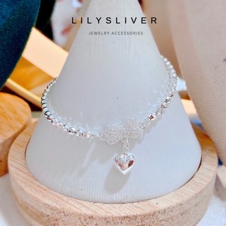 Lắc tay / Vòng tay bạc bi phay phối tim nơ chất liệu bạc ta