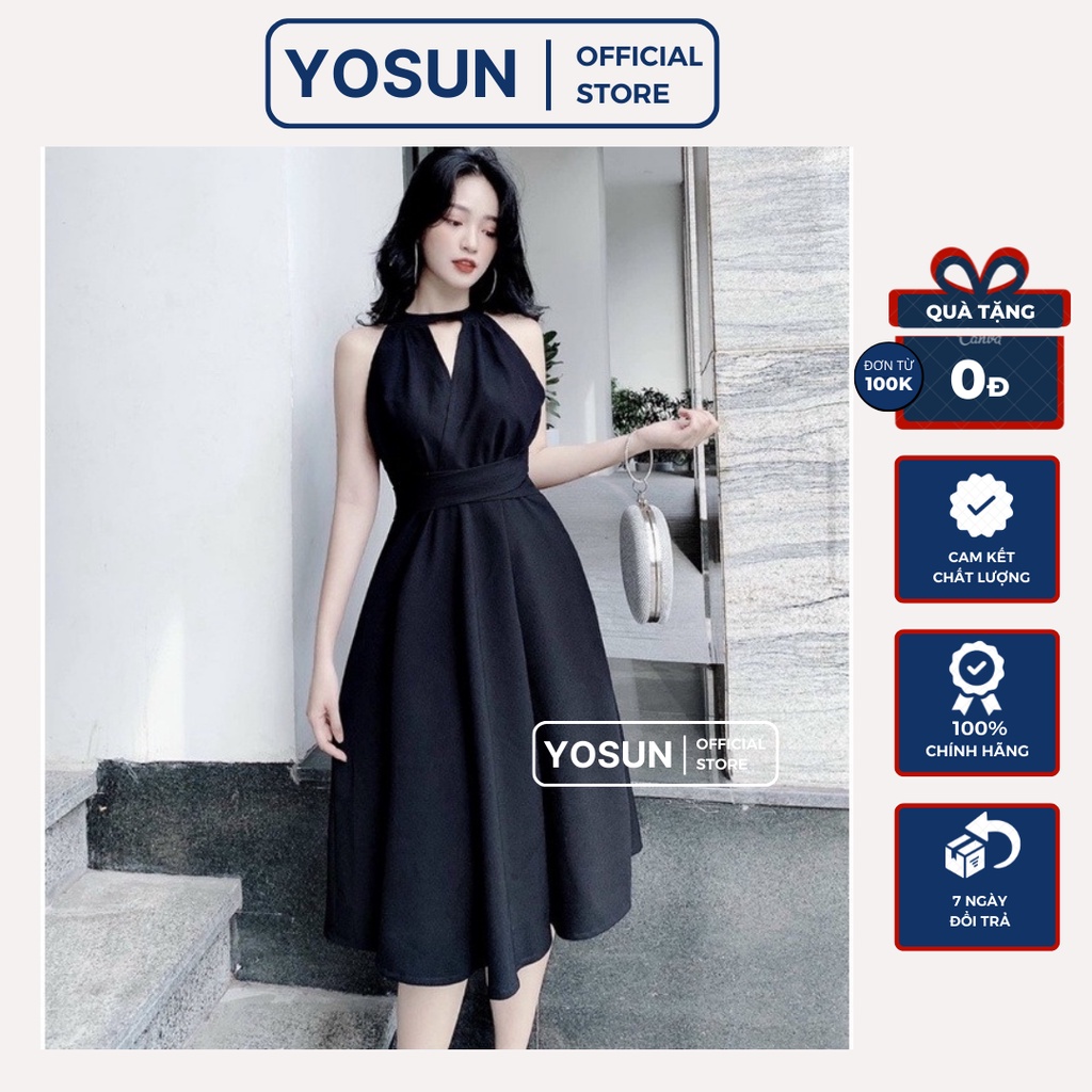 Đầm Nữ Dự Tiệc Cổ Yếm Thắt Nơ Eo Dáng Xòe Sang Chảnh, Váy Nữ Thiết Kế Khoét Ngực Kiêu Sa Quyến Rũ Màu Đen