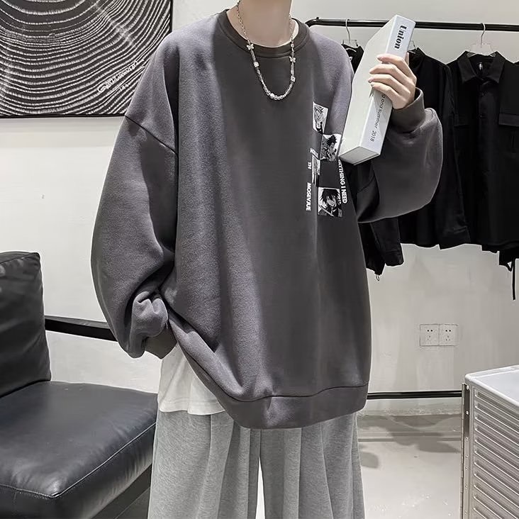 Áo Sweater Tay Dài Dáng Rộng In Hình Anime Màu Trắng Đen Thời Trang Mùa Thu Cho Nam Và Nữ