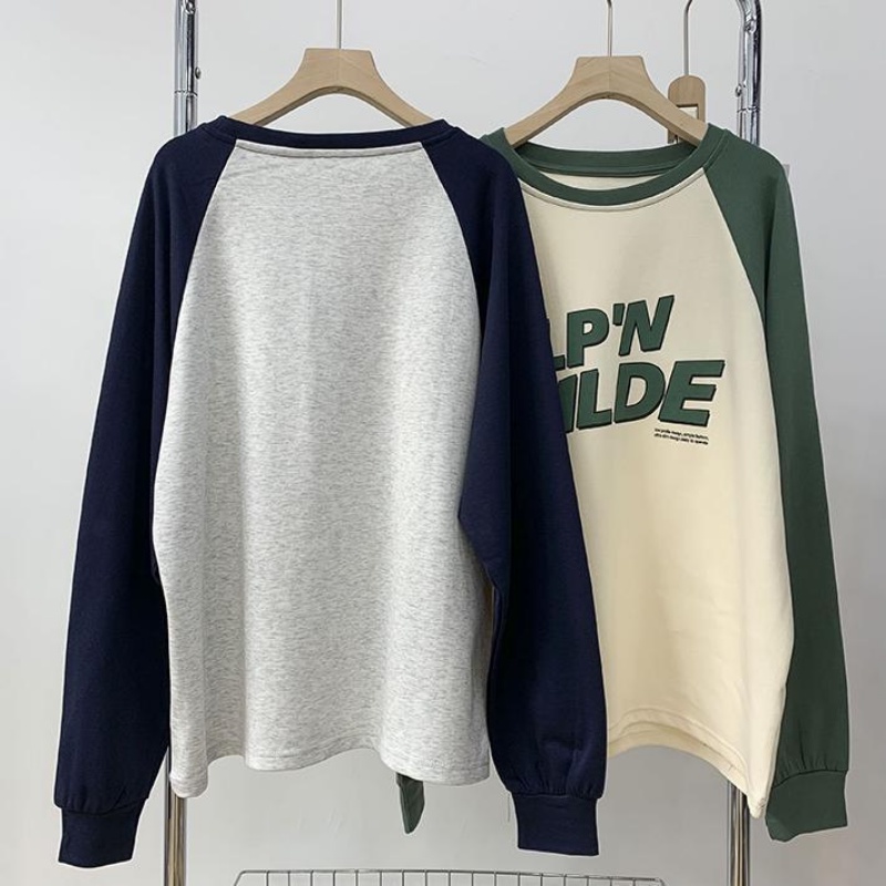 Áo Thun Raglan Tay Dài Dáng Rộng Màu Sắc Tương Phản Phong Cách Cổ Điển Thời Trang Mùa Thu Cho Nữ