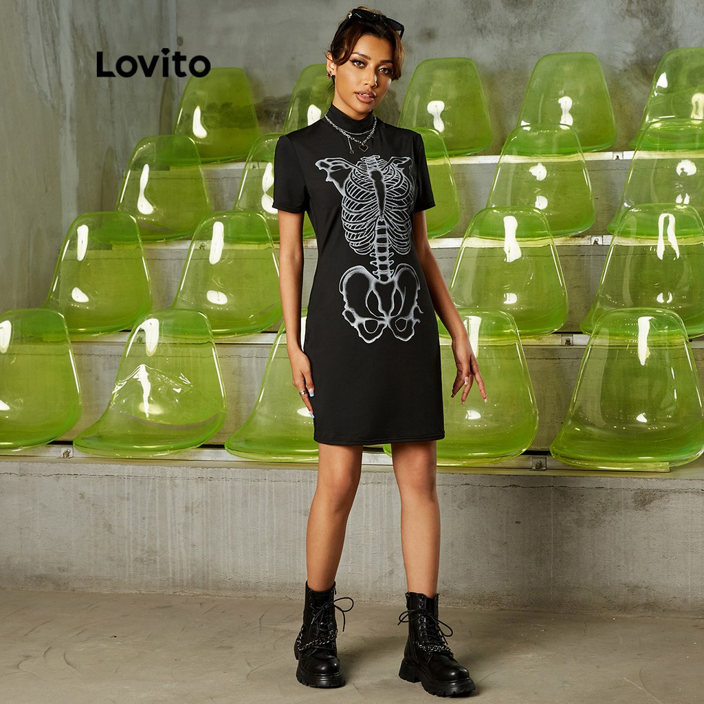 Đầm Lovito in họa tiết đầu lâu phong cách cơ bản thường ngày L16EE56 (Màu đen)