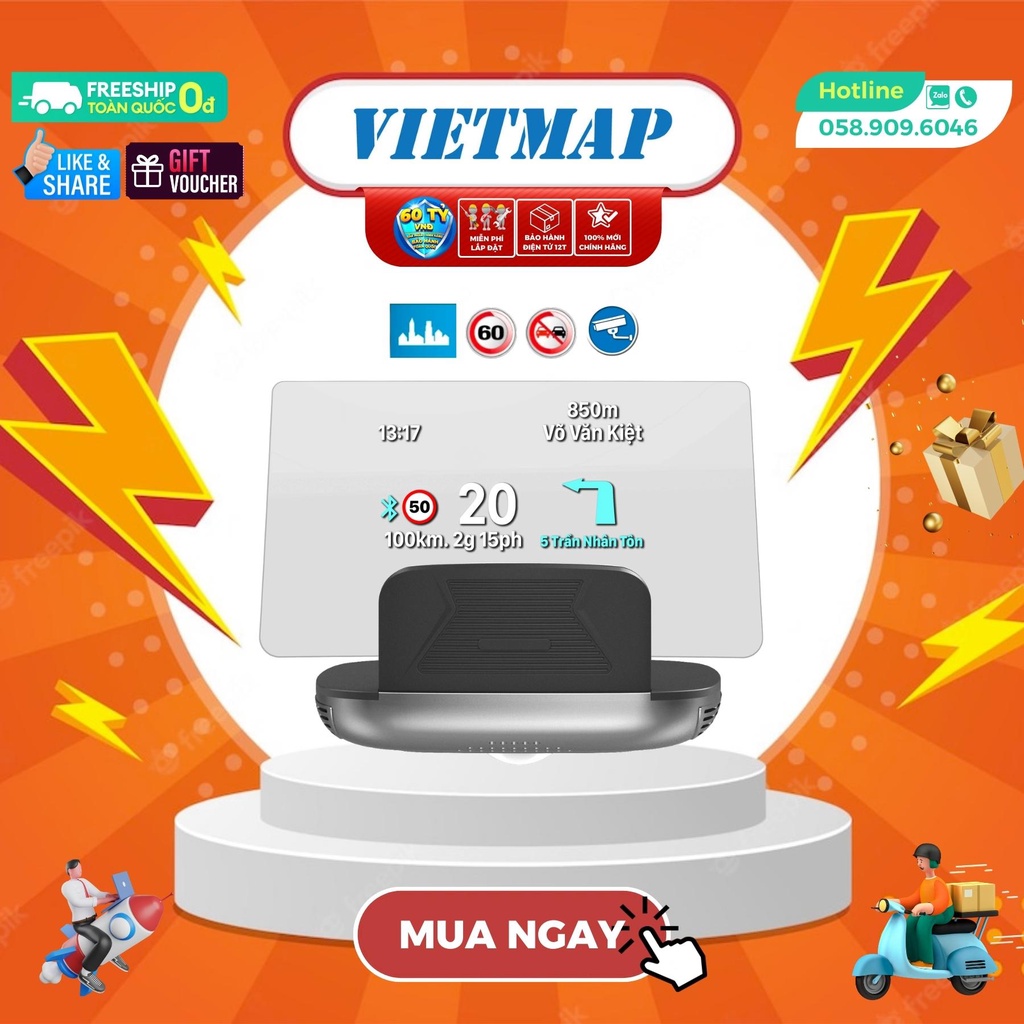 Vietmap H1AS - Màn hình HUD Cảnh báo giao thông + Dẫn đường Vietmap Live + báo áp suất lốp - Hàng chính hãng