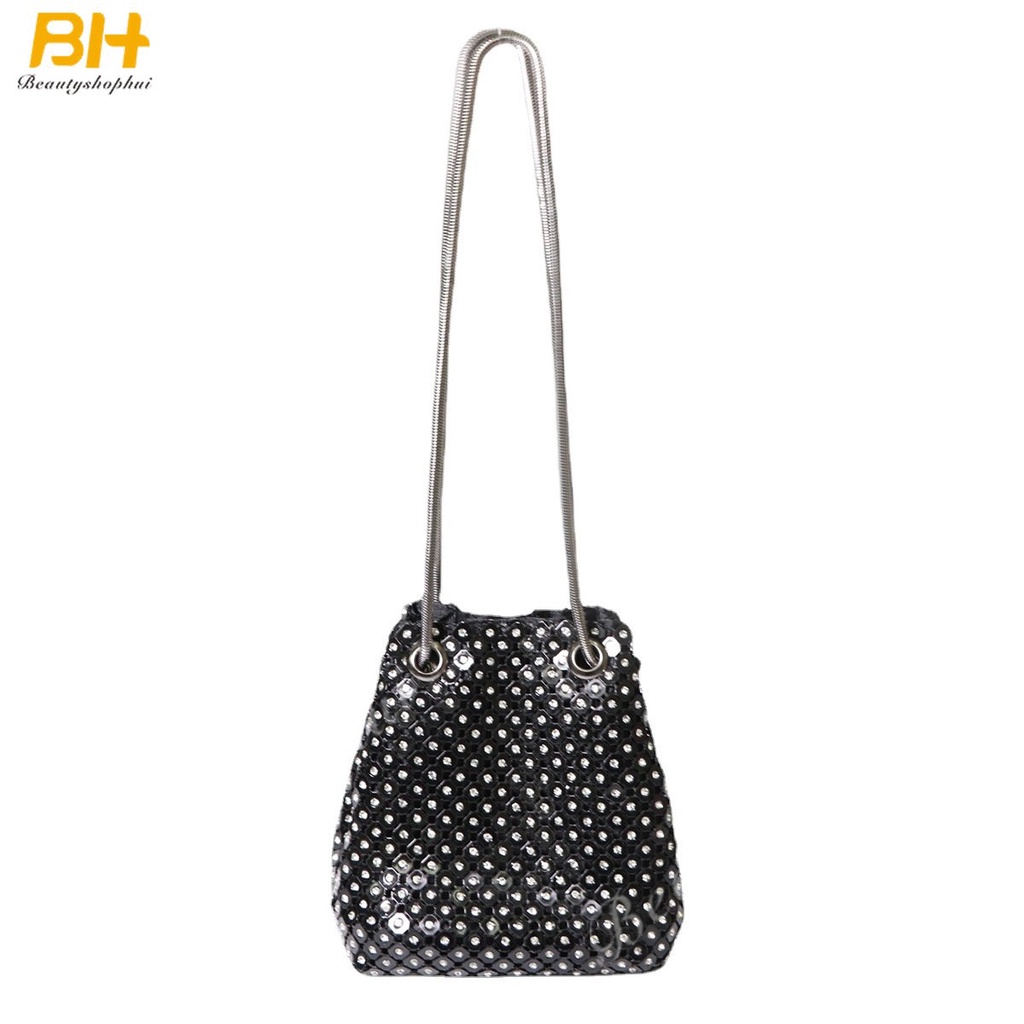 Túi Xách Bucket Dây Rút Tấm Nhôm Đính Đá Thời Trang Mới 2022
