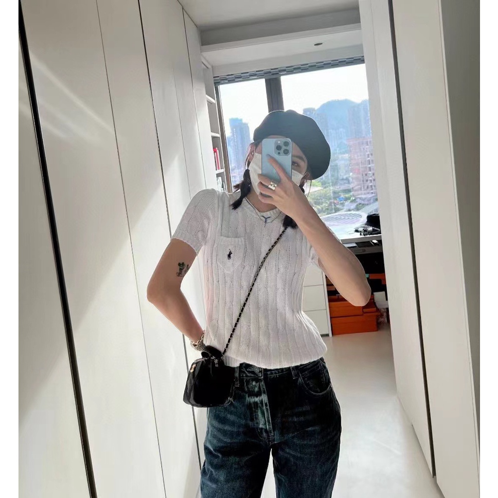 TACF Ralph Lauren 22 summer New embroidered small horse label classic retro twist wool short-sleeved T-shirt women's sweater 2022