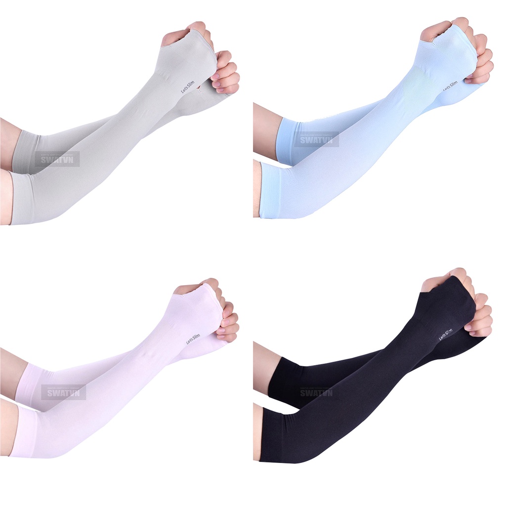 Đôi ống tay dài màu đen LetSlim che nắng có xỏ ngón vải co dãn mỏng nhẹ thấm hút mồ hôi hiệu quả, tiện lợi