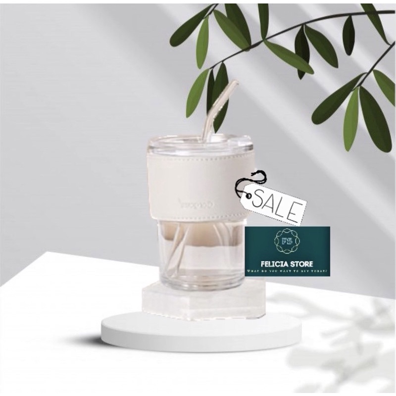CỐC LY THUỶ TINH VIỀN DA - KÈM ỐNG HÚT