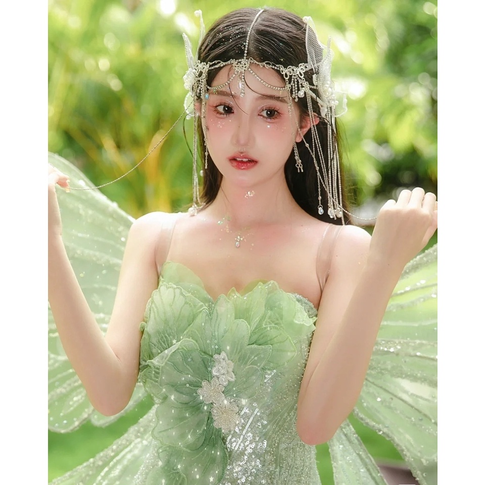 kẹp tóc hanmade hình cánh thiên thần bướm vải lưới đính đá dây tua rua chụp ảnh, dành cho cô dâu