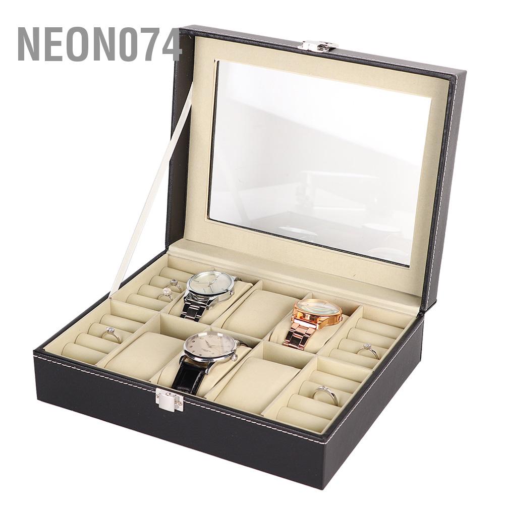 Neon074 6 + 4 khe Hộp lưu trữ đồng hồ đựng nhẫn Hoa tai Người tổ chức Bộ sưu tập đồ trang sức trưng bày