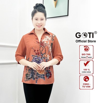 GOTI - Áo Trung Niên Kiểu Tặng Mẹ U50 U60 Tay Lững Dáng Dài Dạng Lụa Pháp Cao Cấp In Hoa Tiết 3A29