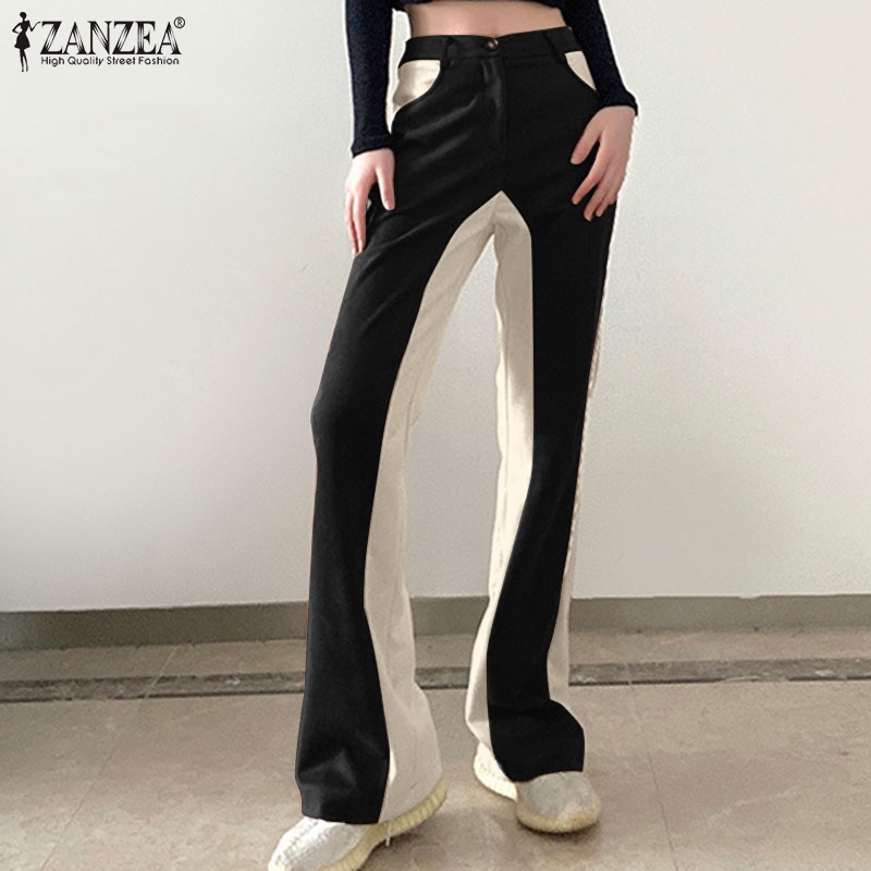 Quần dài ZANZEA vải lông cừu phối màu tương phản phong cách Hàn Quốc thời trang