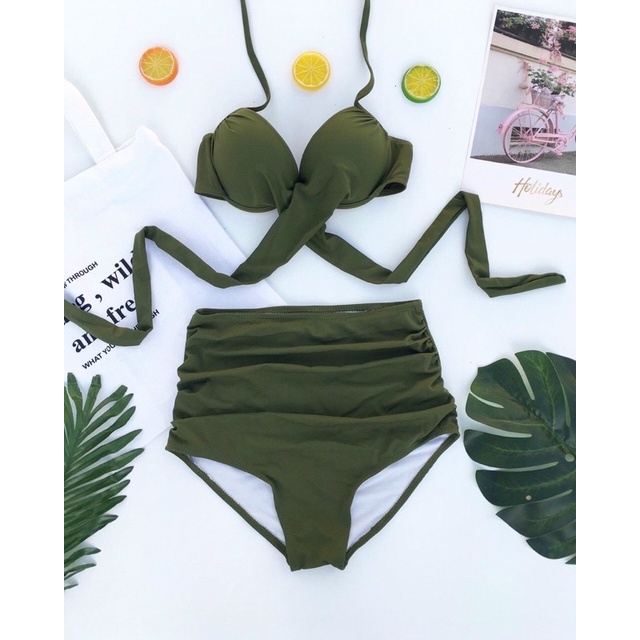 Bikini áo gọng chéo kèm quần lưng cao nhún hai mảnh