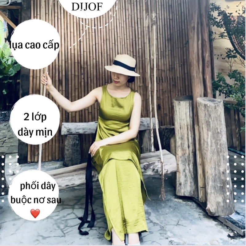 Đầm lụa maxi 2 lớp sát nách khoét eo tà xẻ cao phối dây buộc phía sau phong cách áo dài cổ điển sang chảnh