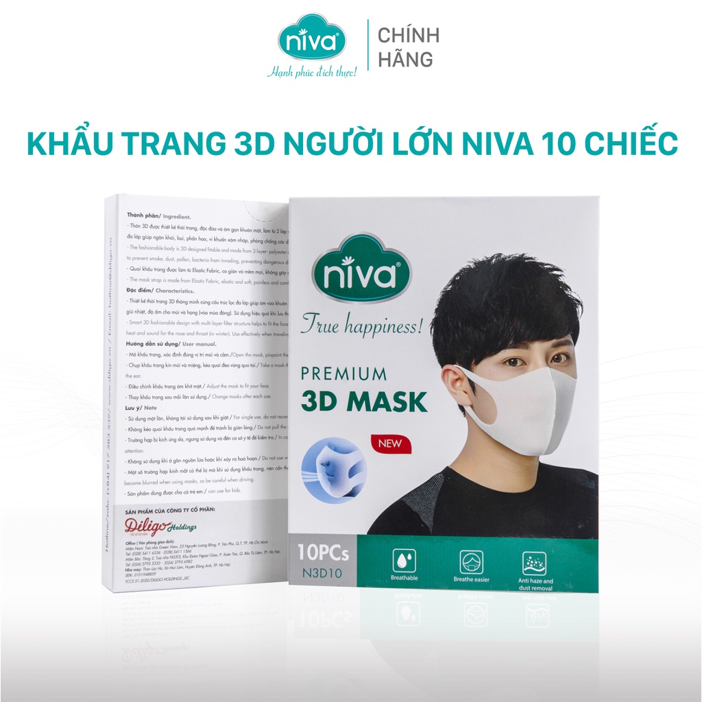Khẩu Trang 3D Người Lớn Niva Hộp 10 Cái Cấu Trúc 3 Lớp Ngăn Bụi Mịn Kháng Khuẩn Hàng Chính Hãng Cao Cấp