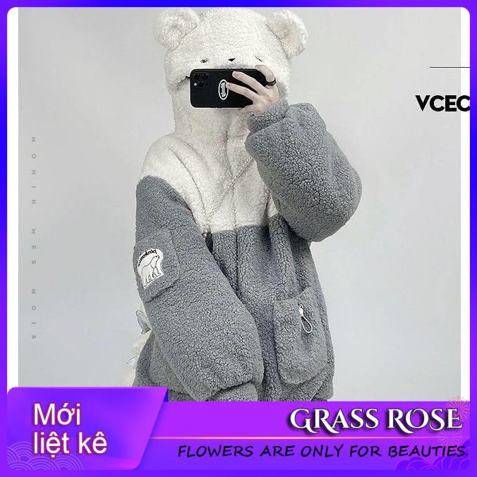 Áo Khoác Lông Cừu Dày Dặn Có Nón Tai Thỏ Dễ Thương Vui Nhộn Thời Trang Thu Đông