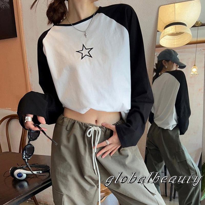 Áo Thun Tay Dài Cổ Tròn In Hình Ngôi Sao Màu Sắc Tương Phản Thời Trang Cho Nữ Size S / M / L