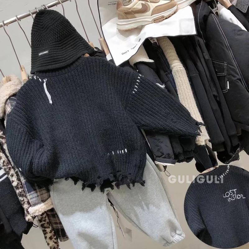 Boys' Sweater Autumn and Winter Fashionable Design Fashionable Children's Clothing Ripped Black Children's Sweater