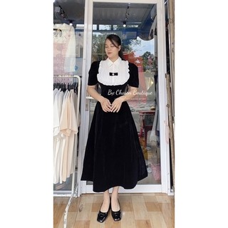 Đầm nhung phối cổ trắng đính nơ (Có bigsize)